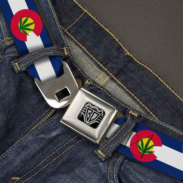 Buckle Down BD Wings Logo CLOSE-UP Full Color Black Silver Seatbelt Belt - Colorado Flag/Marijuana Leaf Webbing