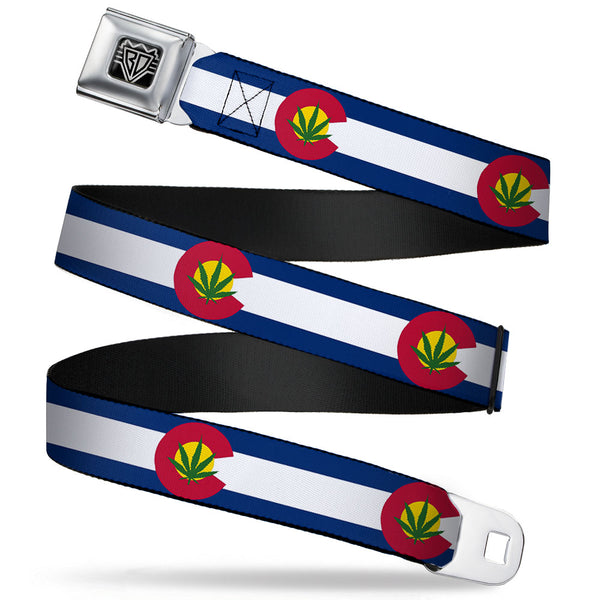 buckle down BD Wings Logo CLOSE-UP Full Color Black Silver Seatbelt Belt - Colorado Flag/Marijuana Leaf Webbing