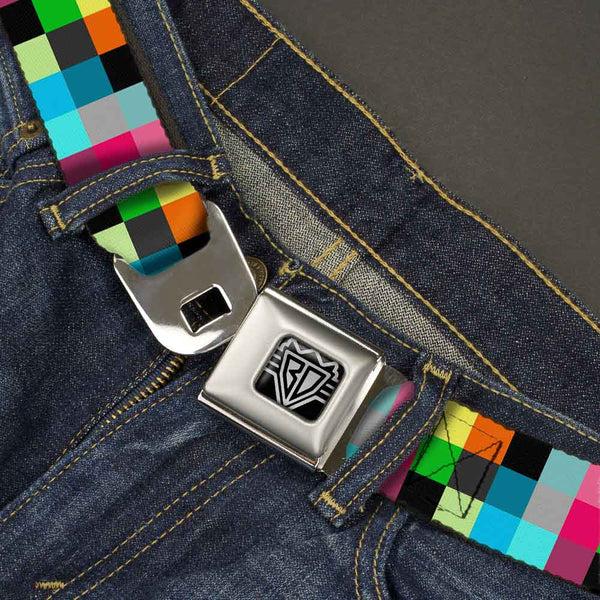Buckle Down BD Wings Logo CLOSE-UP Full Color Black Silver Seatbelt Belt - Checker Bright Pastel Webbing