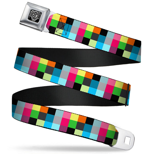 buckle down BD Wings Logo CLOSE-UP Full Color Black Silver Seatbelt Belt - Checker Bright Pastel Webbing