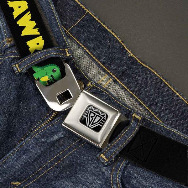 Buckle Down BD Wings Logo CLOSE-UP Full Color Black Silver Seatbelt Belt - RRRAWR Dinosaur Black/Green/Yellow Webbing