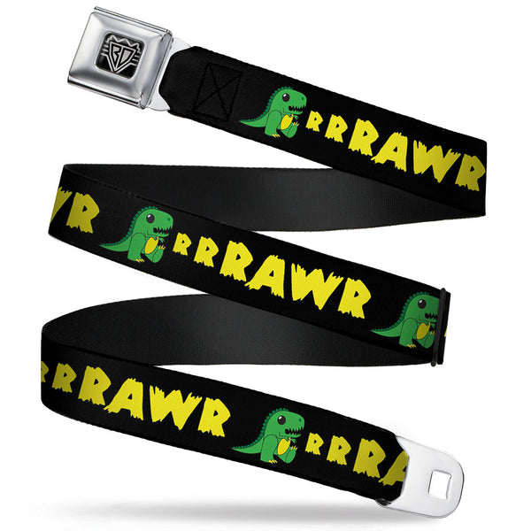 buckle down BD Wings Logo CLOSE-UP Full Color Black Silver Seatbelt Belt - RRRAWR Dinosaur Black/Green/Yellow Webbing