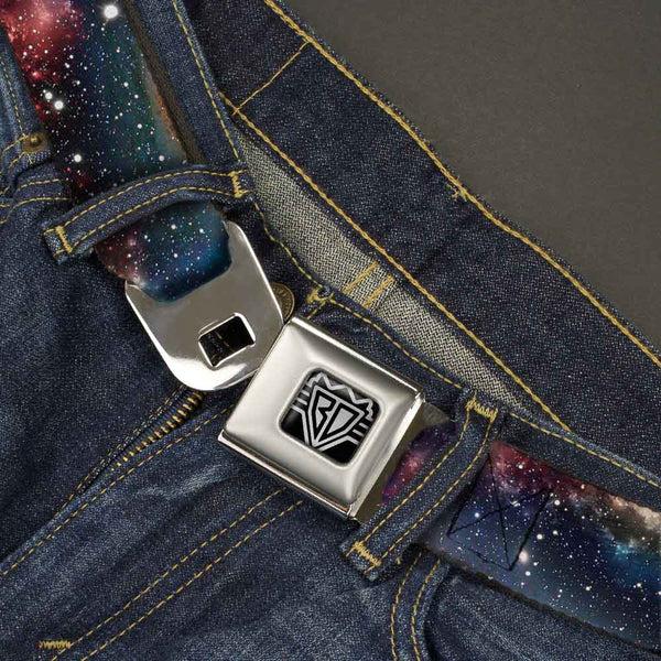 Buckle Down BD Wings Logo CLOSE-UP Full Color Black Silver Seatbelt Belt - Space Dust Collage Webbing