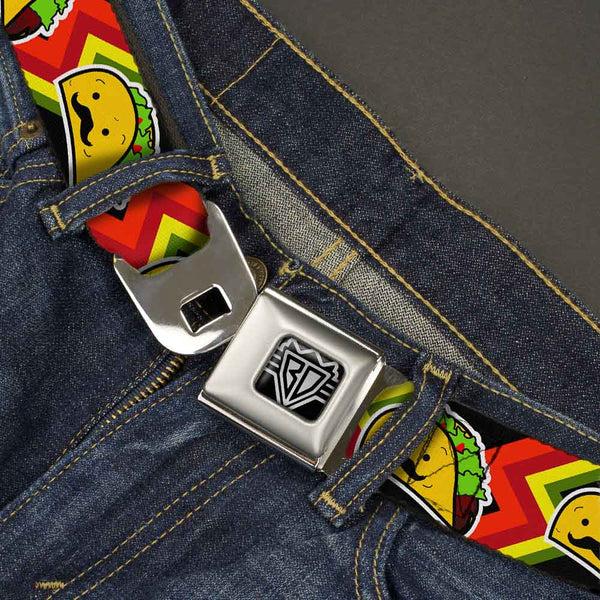 Buckle Down BD Wings Logo CLOSE-UP Full Color Black Silver Seatbelt Belt - Taco Man Webbing