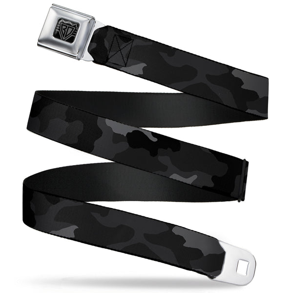 buckle down BD Wings Logo CLOSE-UP Full Color Black Silver Seatbelt Belt - Camo Charcoal Webbing