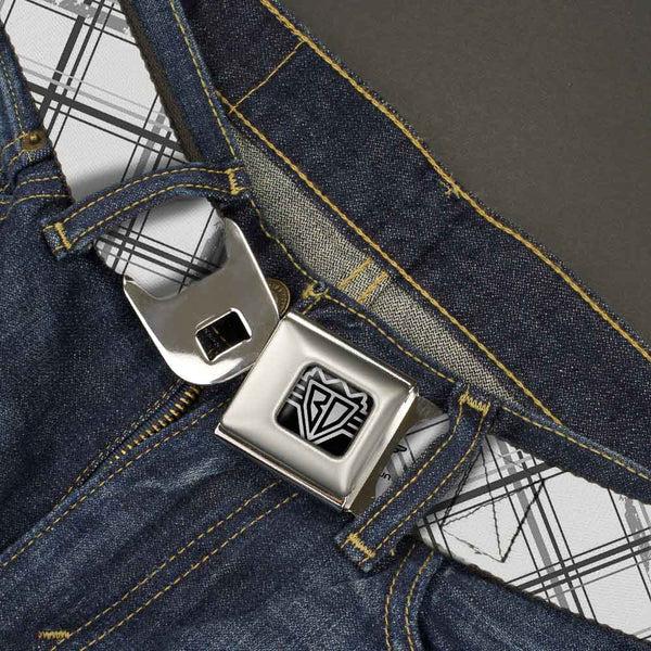 Buckle Down BD Wings Logo CLOSE-UP Full Color Black Silver Seatbelt Belt - Plaid X Weathered White/Gray Webbing