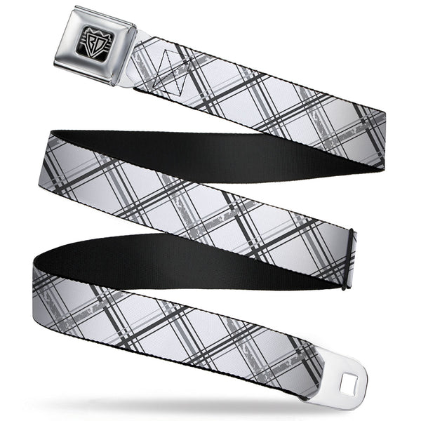 buckle down BD Wings Logo CLOSE-UP Full Color Black Silver Seatbelt Belt - Plaid X Weathered White/Gray Webbing