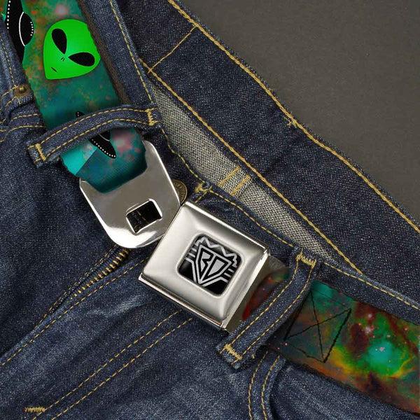 Buckle Down BD Wings Logo CLOSE-UP Full Color Black Silver Seatbelt Belt - Aliens & UFO's Galaxy/Green/Black/White Webbing