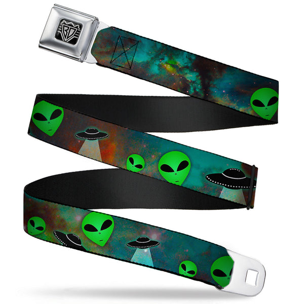 buckle down BD Wings Logo CLOSE-UP Full Color Black Silver Seatbelt Belt - Aliens & UFO's Galaxy/Green/Black/White Webbing