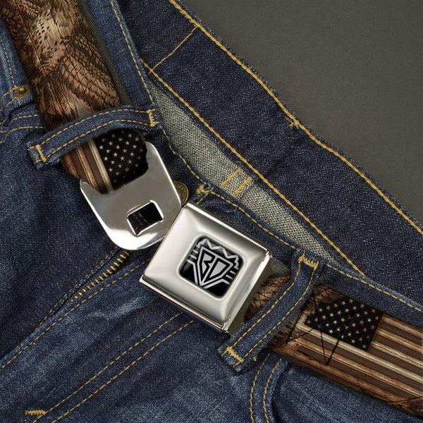 Buckle Down BD Wings Logo CLOSE-UP Full Color Black Silver Seatbelt Belt - Americana Eagle & Flag Rustic Wood Grain Webbing
