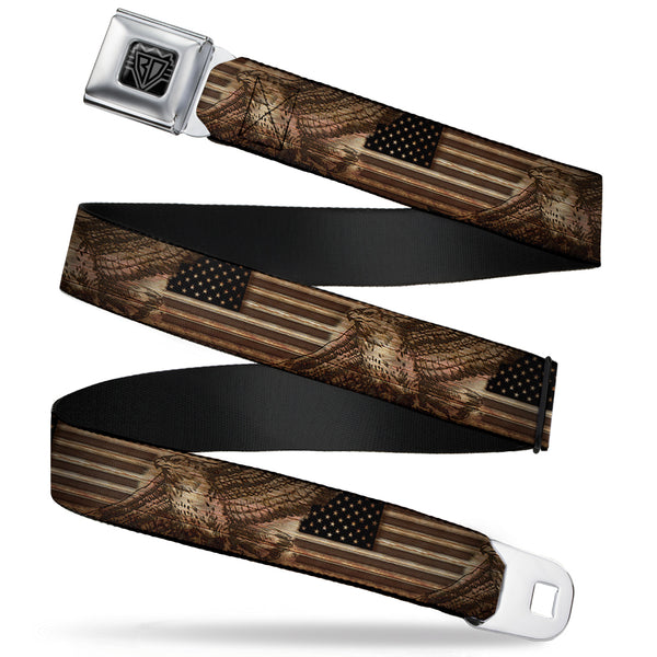 buckle down BD Wings Logo CLOSE-UP Full Color Black Silver Seatbelt Belt - Americana Eagle & Flag Rustic Wood Grain Webbing