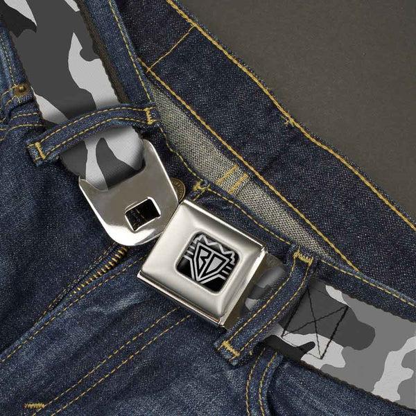 Buckle Down BD Wings Logo CLOSE-UP Full Color Black Silver Seatbelt Belt - Camo White Webbing