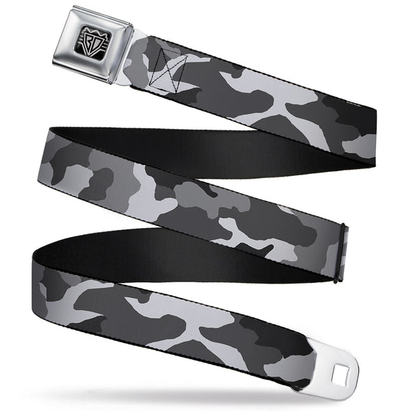 buckle down BD Wings Logo CLOSE-UP Full Color Black Silver Seatbelt Belt - Camo White Webbing