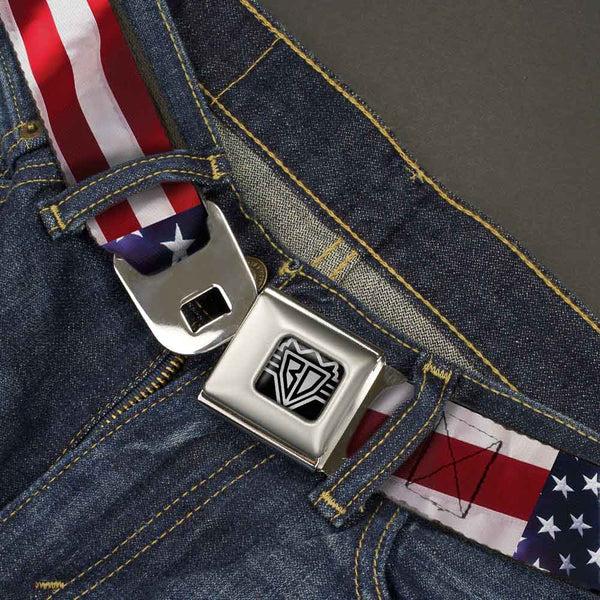 Buckle Down BD Wings Logo CLOSE-UP Full Color Black Silver Seatbelt Belt - American Flag Vivid CLOSE-UP Webbing