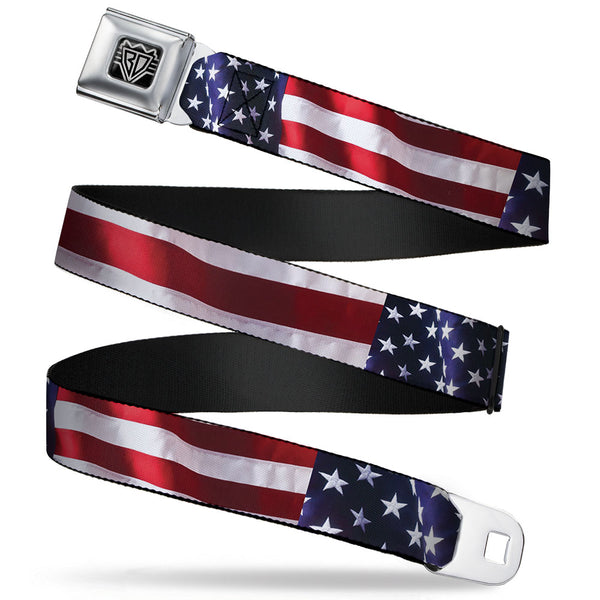 buckle down BD Wings Logo CLOSE-UP Full Color Black Silver Seatbelt Belt - American Flag Vivid CLOSE-UP Webbing
