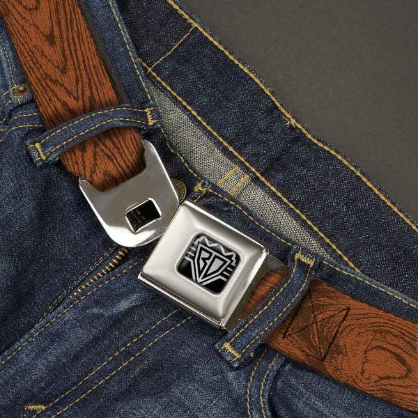 Buckle Down BD Wings Logo CLOSE-UP Full Color Black Silver Seatbelt Belt - Wood Grain Cherry Wood Webbing