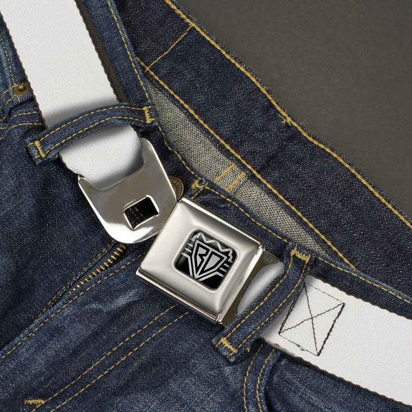 Buckle Down BD Wings Logo CLOSE-UP Full Color Black Silver Seatbelt Belt - White Webbing