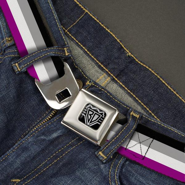 Buckle Down BD Wings Logo CLOSE-UP Full Color Black Silver Seatbelt Belt - Flag Asexual Black/Gray/White/Purple Webbing