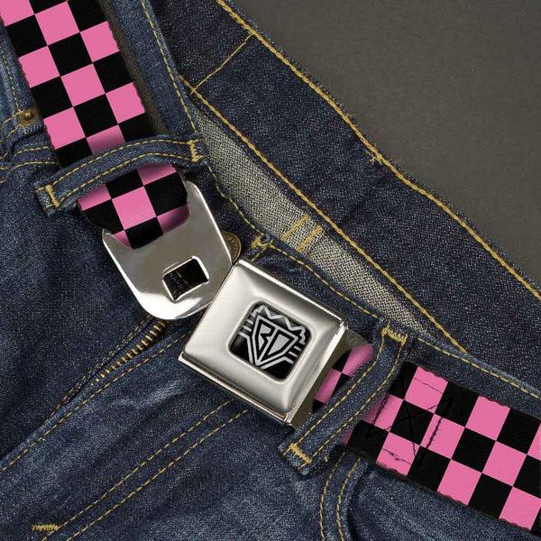 Buckle Down BD Wings Logo CLOSE-UP Full Color Black Silver Seatbelt Belt - Checker Black/Pink Webbing