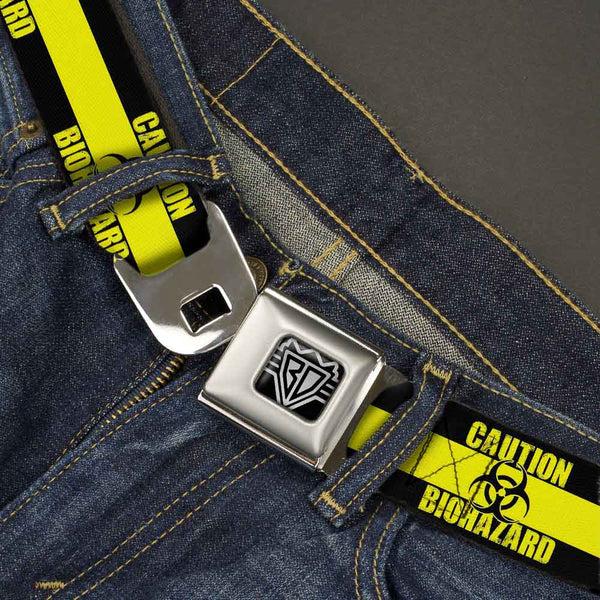 Buckle Down BD Wings Logo CLOSE-UP Full Color Black Silver Seatbelt Belt - CAUTION BIOHAZARD Black/Yellow Webbing
