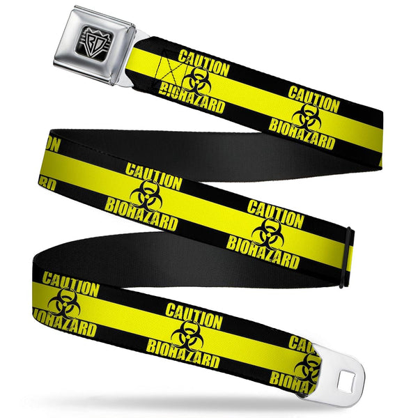 buckle down BD Wings Logo CLOSE-UP Full Color Black Silver Seatbelt Belt - CAUTION BIOHAZARD Black/Yellow Webbing