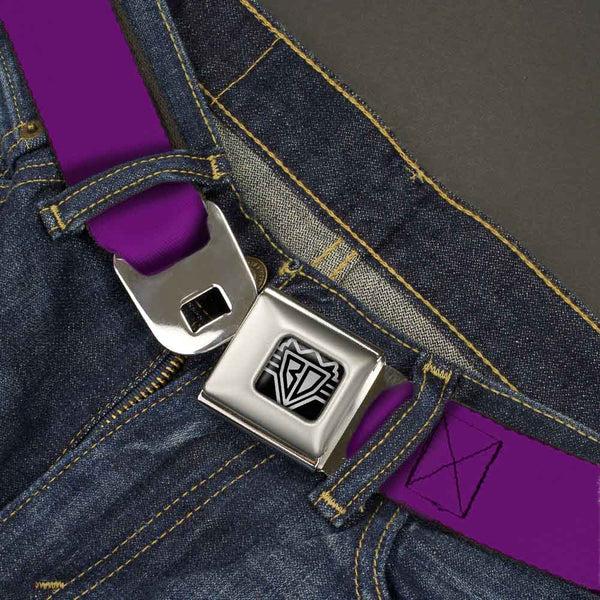 Buckle Down BD Wings Logo CLOSE-UP Full Color Black Silver Seatbelt Belt - Purple Webbing