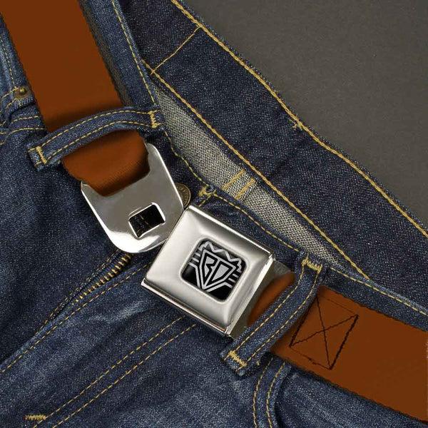 Buckle Down BD Wings Logo CLOSE-UP Full Color Black Silver Seatbelt Belt - Brown Webbing
