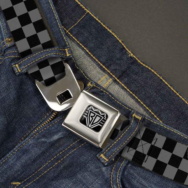 Buckle Down BD Wings Logo CLOSE-UP Full Color Black Silver Seatbelt Belt - Checker Black/Gray Webbing