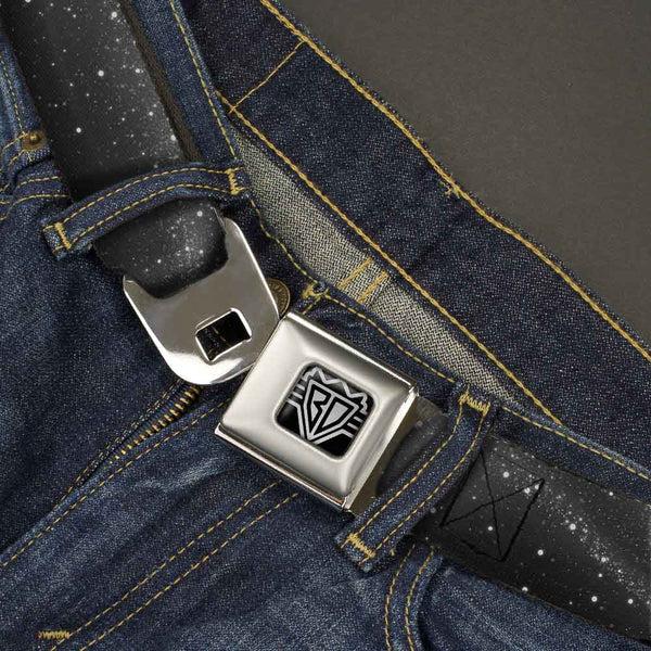 Buckle Down BD Wings Logo CLOSE-UP Full Color Black Silver Seatbelt Belt - Galaxy Arch Black/Gray/White Webbing