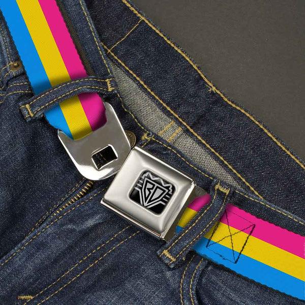 Buckle Down BD Wings Logo CLOSE-UP Full Color Black Silver Seatbelt Belt - Flag Pansexual Pink/Yellow/Blue Webbing