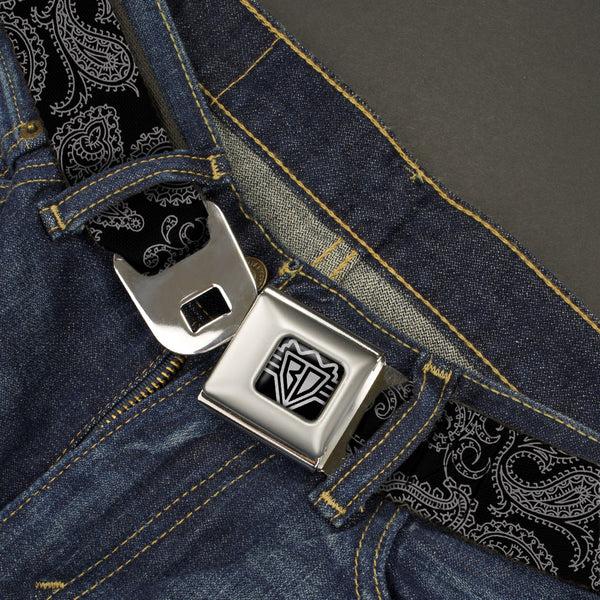 Buckle Down BD Wings Logo CLOSE-UP Full Color Black Silver Seatbelt Belt - Bandana Black/Gray Webbing