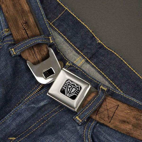 Buckle Down BD Wings Logo CLOSE-UP Full Color Black Silver Seatbelt Belt - Wood Grain3 Horizontal Brown Webbing