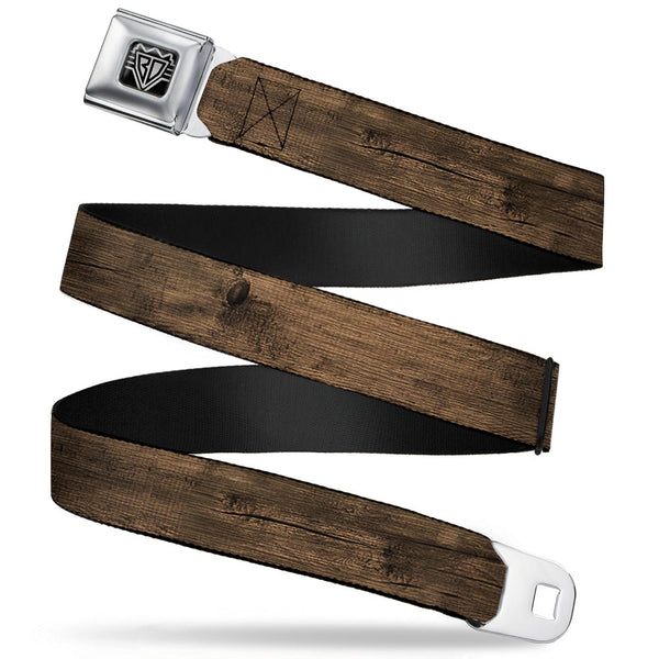 buckle down BD Wings Logo CLOSE-UP Full Color Black Silver Seatbelt Belt - Wood Grain3 Horizontal Brown Webbing