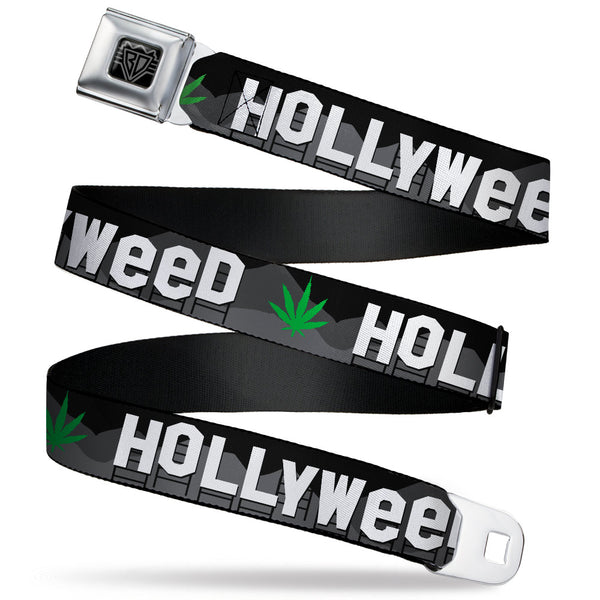 buckle down BD Wings Logo CLOSE-UP Full Color Black Silver Seatbelt Belt - HOLLYWEED Sign Skyline/Pot Leaf Black/Grays/White/Green Webbing