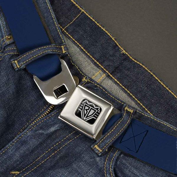 Buckle Down BD Wings Logo CLOSE-UP Full Color Black Silver Seatbelt Belt - Navy Webbing