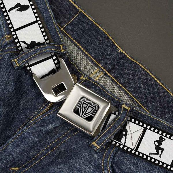 Buckle Down BD Wings Logo CLOSE-UP Full Color Black Silver Seatbelt Belt - Girls Posing Film Strip White/Black Webbing