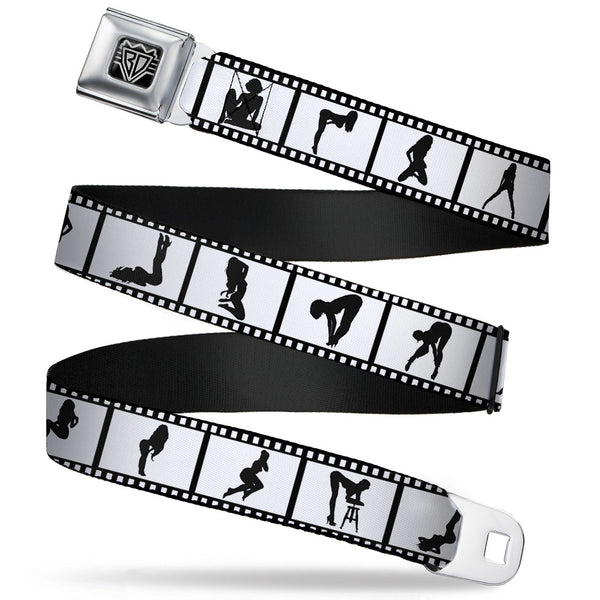 buckle down BD Wings Logo CLOSE-UP Full Color Black Silver Seatbelt Belt - Girls Posing Film Strip White/Black Webbing