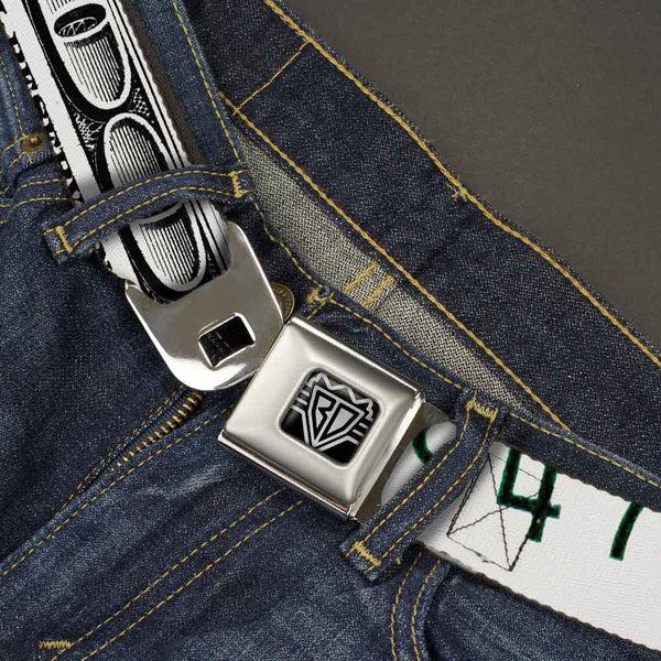 Buckle Down BD Wings Logo CLOSE-UP Full Color Black Silver Seatbelt Belt - 100 Dollar Bill CLOSE-UP White/Black Webbing