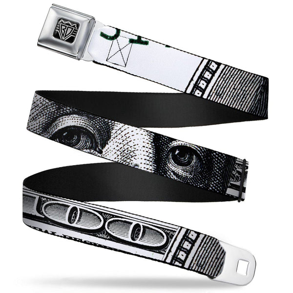 buckle down BD Wings Logo CLOSE-UP Full Color Black Silver Seatbelt Belt - 100 Dollar Bill CLOSE-UP White/Black Webbing