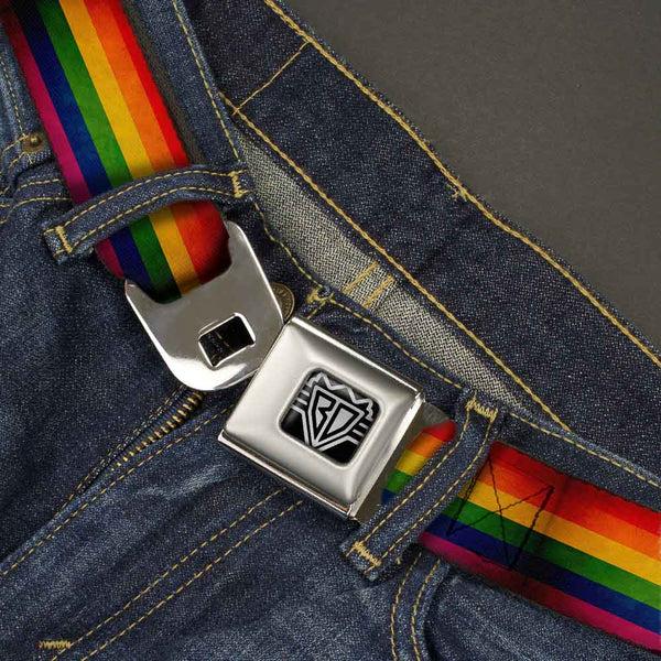 Buckle Down BD Wings Logo CLOSE-UP Full Color Black Silver Seatbelt Belt - Flag Pride Distressed Rainbow Webbing