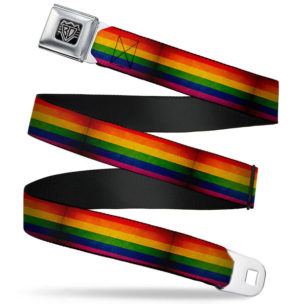 buckle down BD Wings Logo CLOSE-UP Full Color Black Silver Seatbelt Belt - Flag Pride Distressed Rainbow Webbing