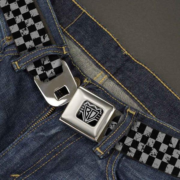 Buckle Down BD Wings Logo CLOSE-UP Full Color Black Silver Seatbelt Belt - Checker Weathered Black/Gray Webbing