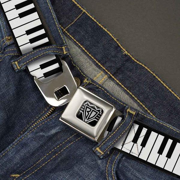 Buckle Down BD Wings Logo CLOSE-UP Full Color Black Silver Seatbelt Belt - Piano Keys Webbing