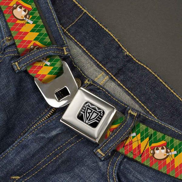 Buckle Down BD Wings Logo CLOSE-UP Full Color Black Silver Seatbelt Belt - Smoking Monkey Repeat Argyle Rasta Webbing