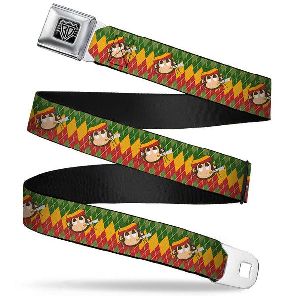buckle down BD Wings Logo CLOSE-UP Full Color Black Silver Seatbelt Belt - Smoking Monkey Repeat Argyle Rasta Webbing