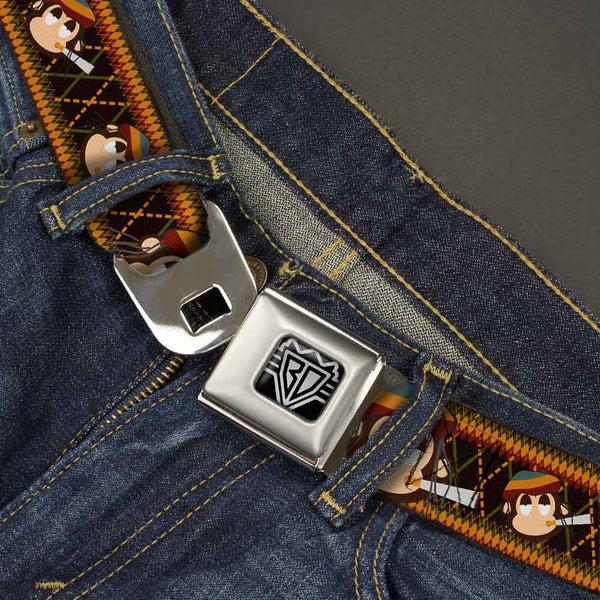Buckle Down BD Wings Logo CLOSE-UP Full Color Black Silver Seatbelt Belt - Multi Smoking Monkey Argyle Brown Webbing