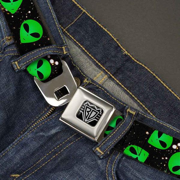 Buckle Down BD Wings Logo CLOSE-UP Full Color Black Silver Seatbelt Belt - Aliens Head Scattered Galaxy2/Green/Black Webbing
