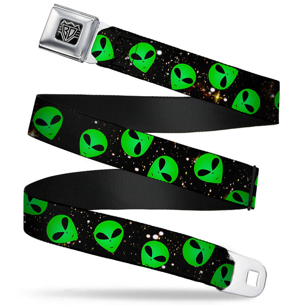 buckle down BD Wings Logo CLOSE-UP Full Color Black Silver Seatbelt Belt - Aliens Head Scattered Galaxy2/Green/Black Webbing