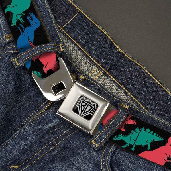 Buckle Down BD Wings Logo CLOSE-UP Full Color Black Silver Seatbelt Belt - Dinosaurs Black/Multi Color Webbing
