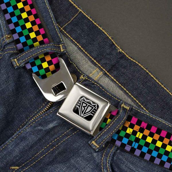 Buckle Down BD Wings Logo CLOSE-UP Full Color Black Silver Seatbelt Belt - Checker Black/Neon Rainbow Webbing